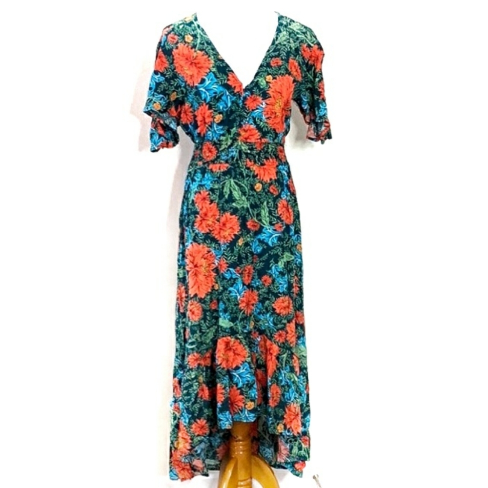 ATL Abel The Label Floral Dress Fantasy XS Blue Orange Green Short Sleeve